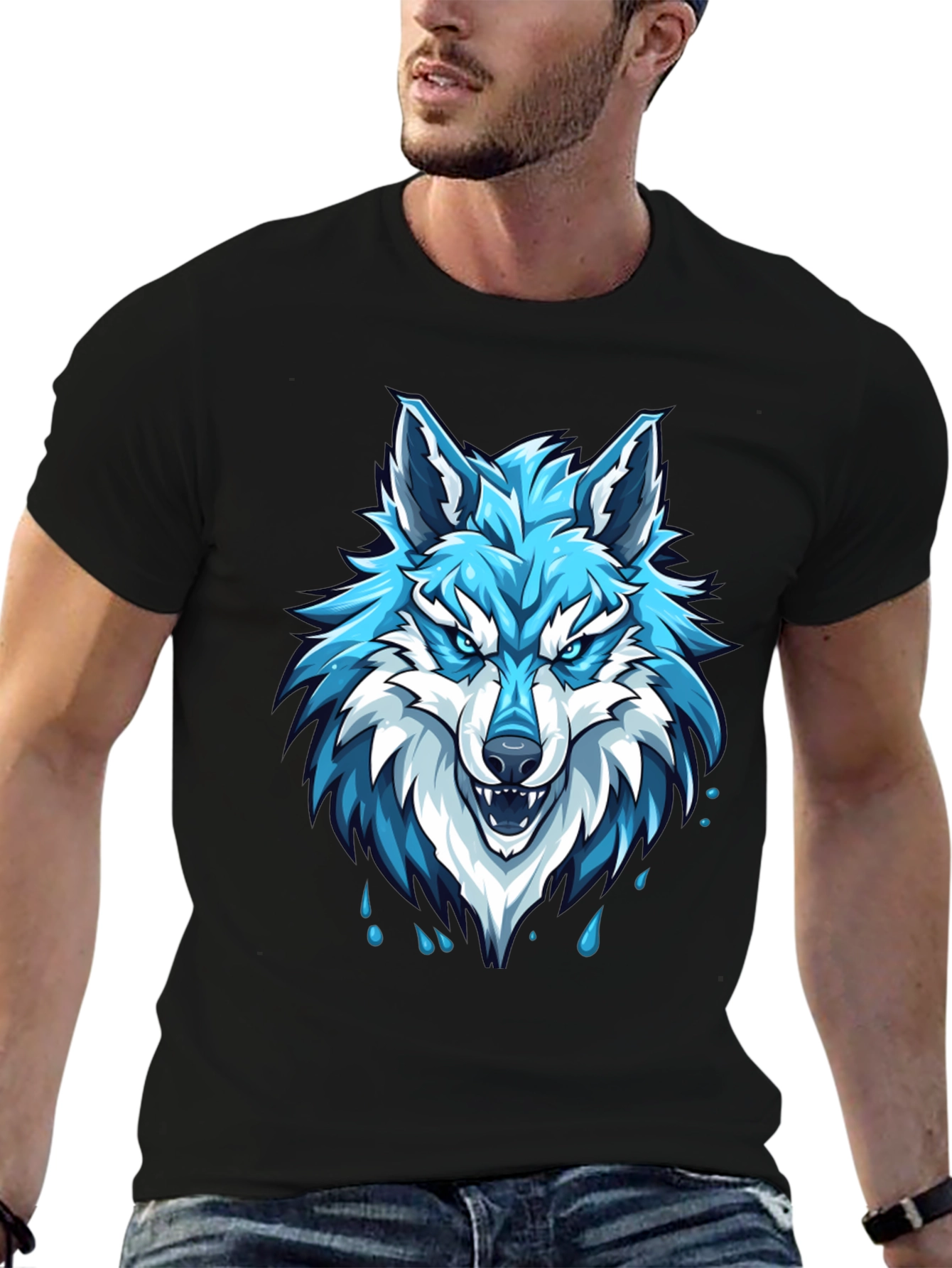 Black T-Shirt with Fierce Blue Wolf Graphic