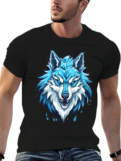 Black T-Shirt with Fierce Blue Wolf Graphic