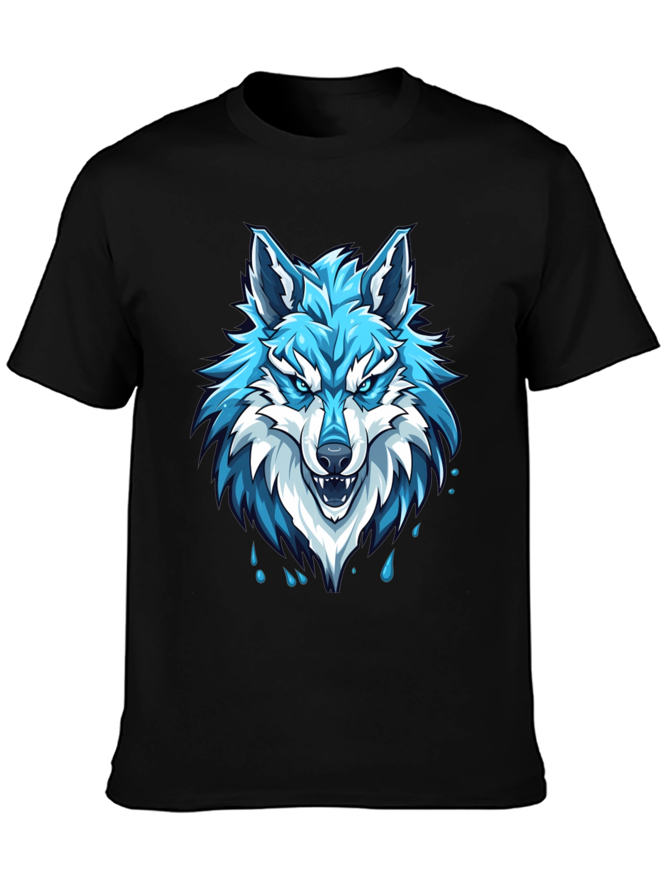 Black T-Shirt with Fierce Blue Wolf Graphic
