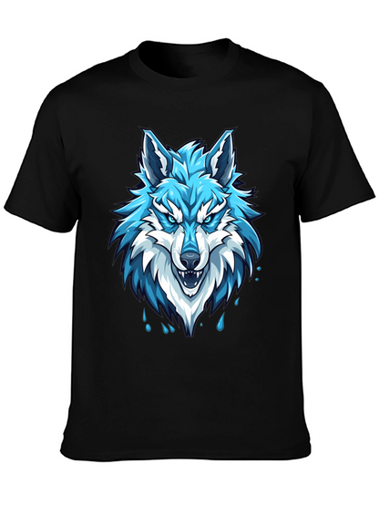 Black T-Shirt with Fierce Blue Wolf Graphic