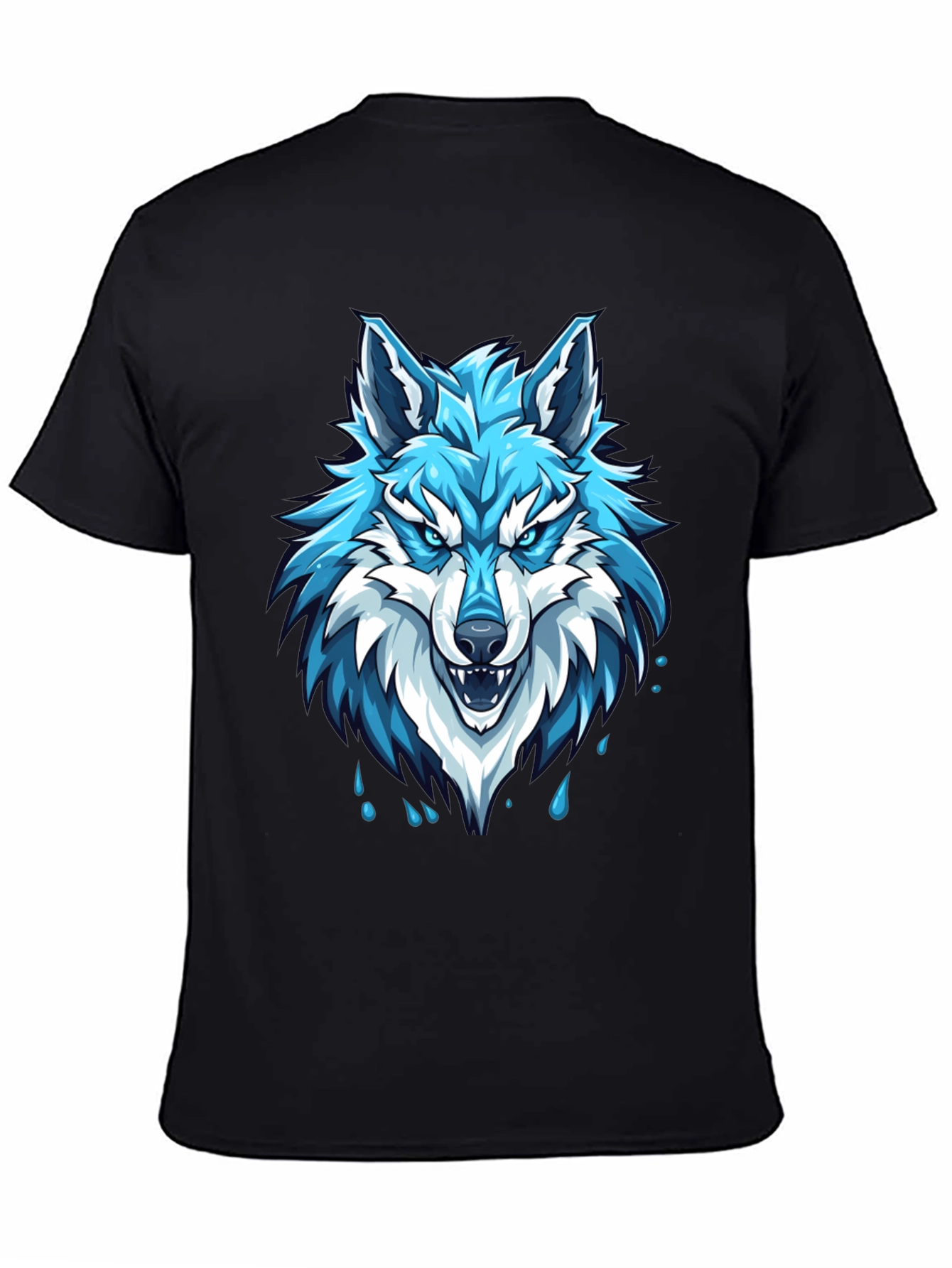 Black T-Shirt with Fierce Blue Wolf Graphic