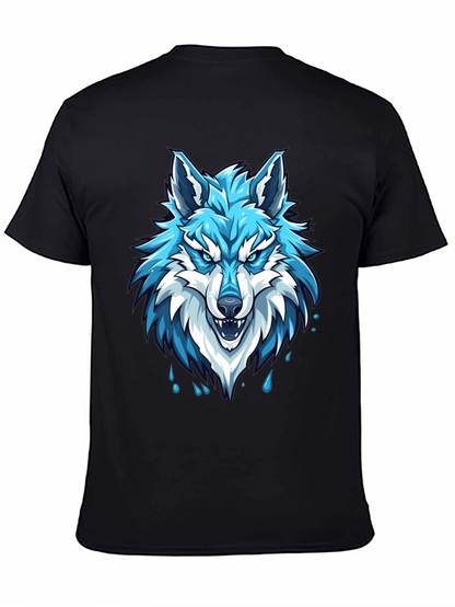 Black T-Shirt with Fierce Blue Wolf Graphic