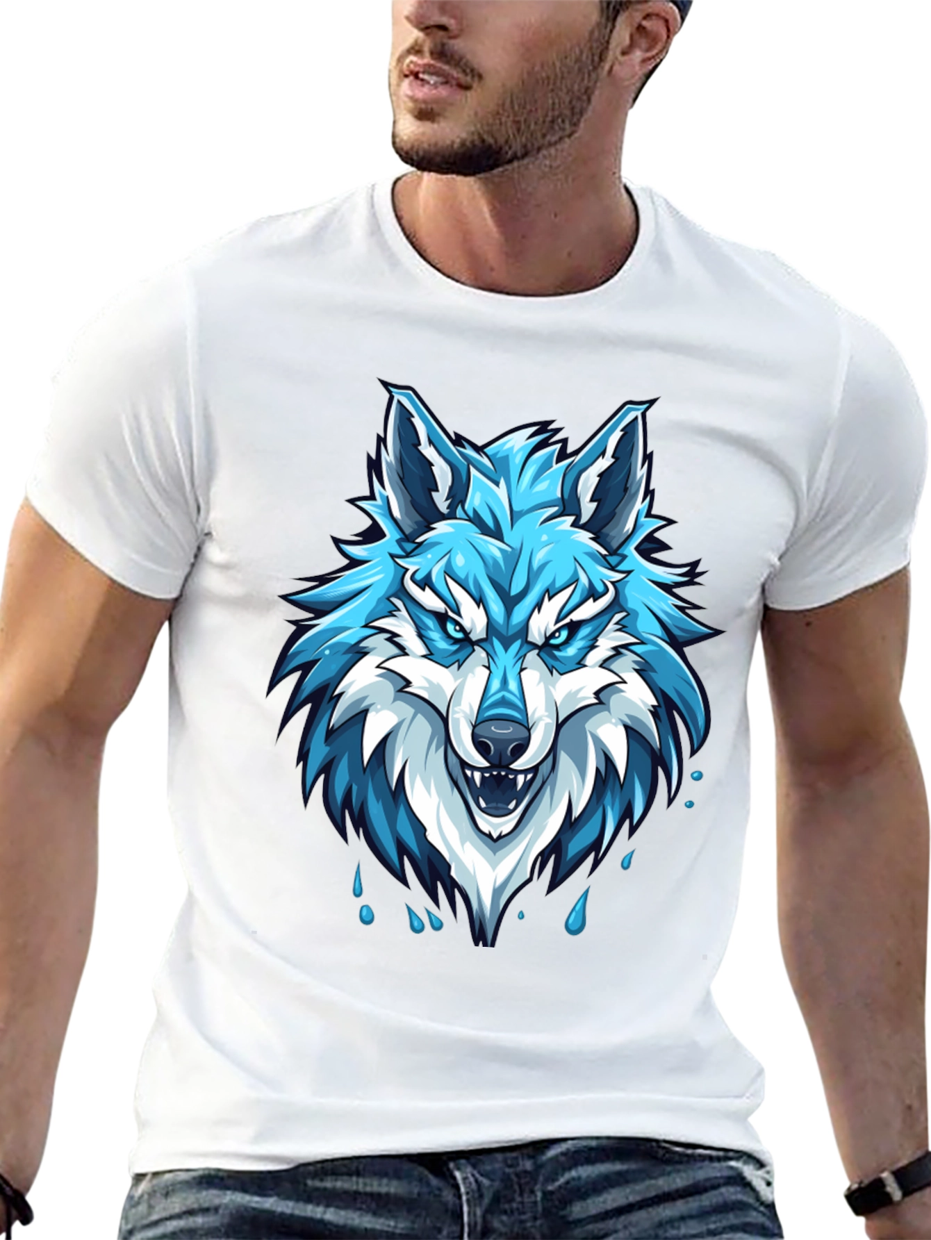 Black T-Shirt with Fierce Blue Wolf Graphic