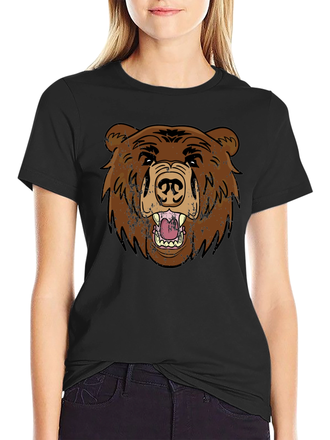 Grizzly Bear Graphic Tee - Black Cotton T-Shirt