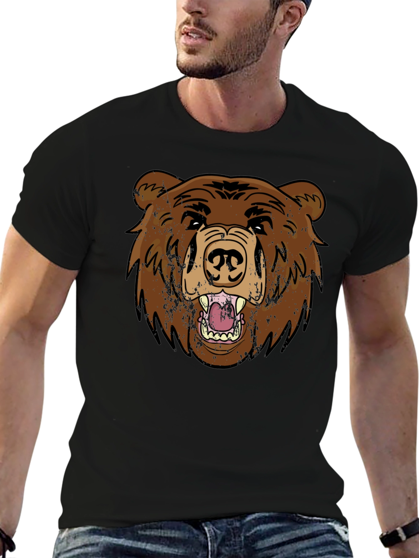 Grizzly Bear Graphic Tee - Black Cotton T-Shirt