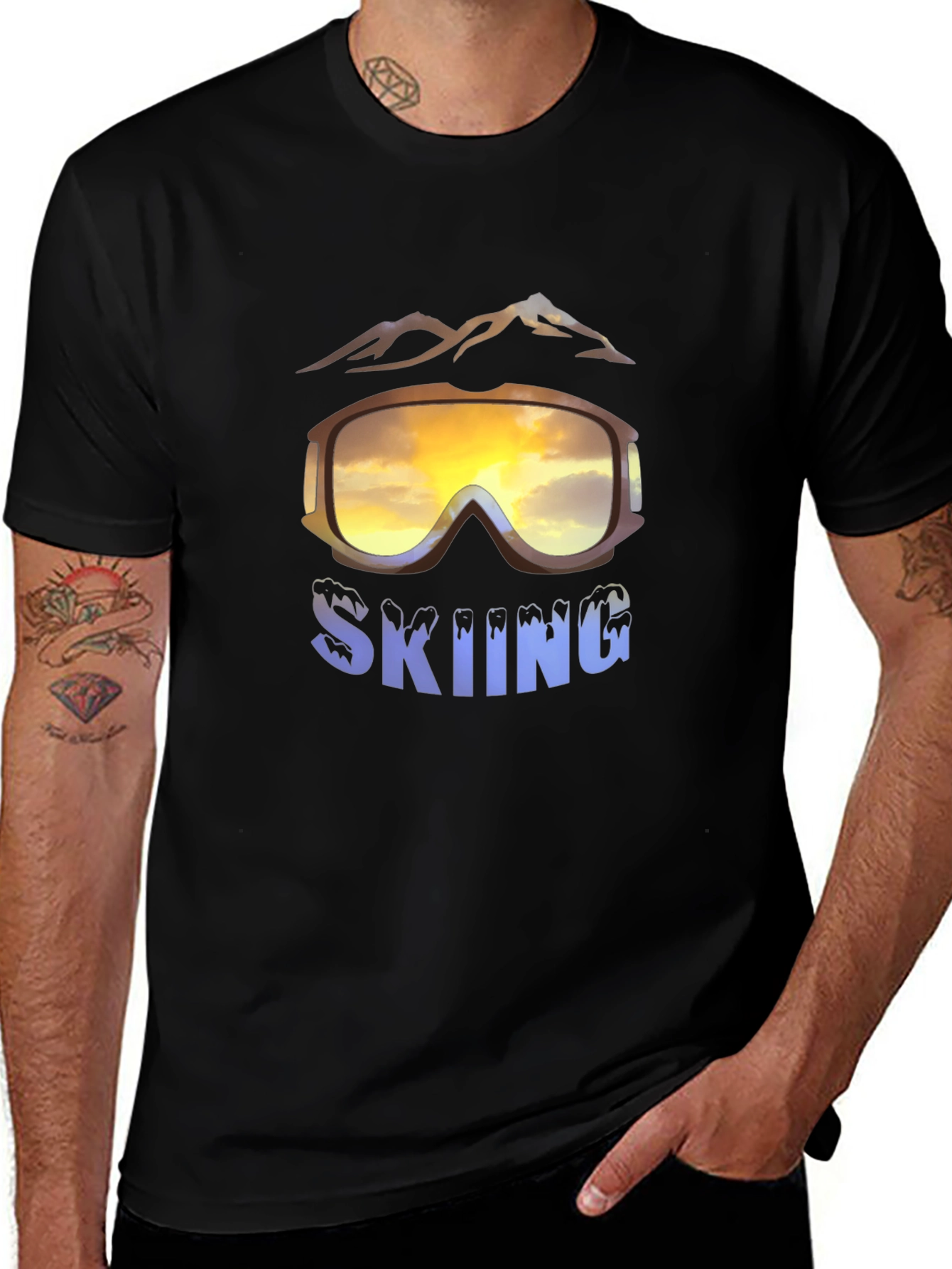 Mens Skiing Goggles Graphic Black T-Shirt