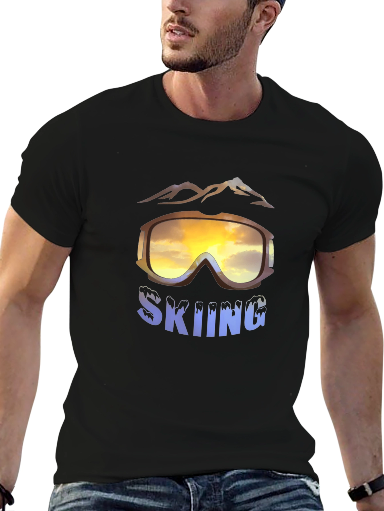 Mens Skiing Goggles Graphic Black T-Shirt