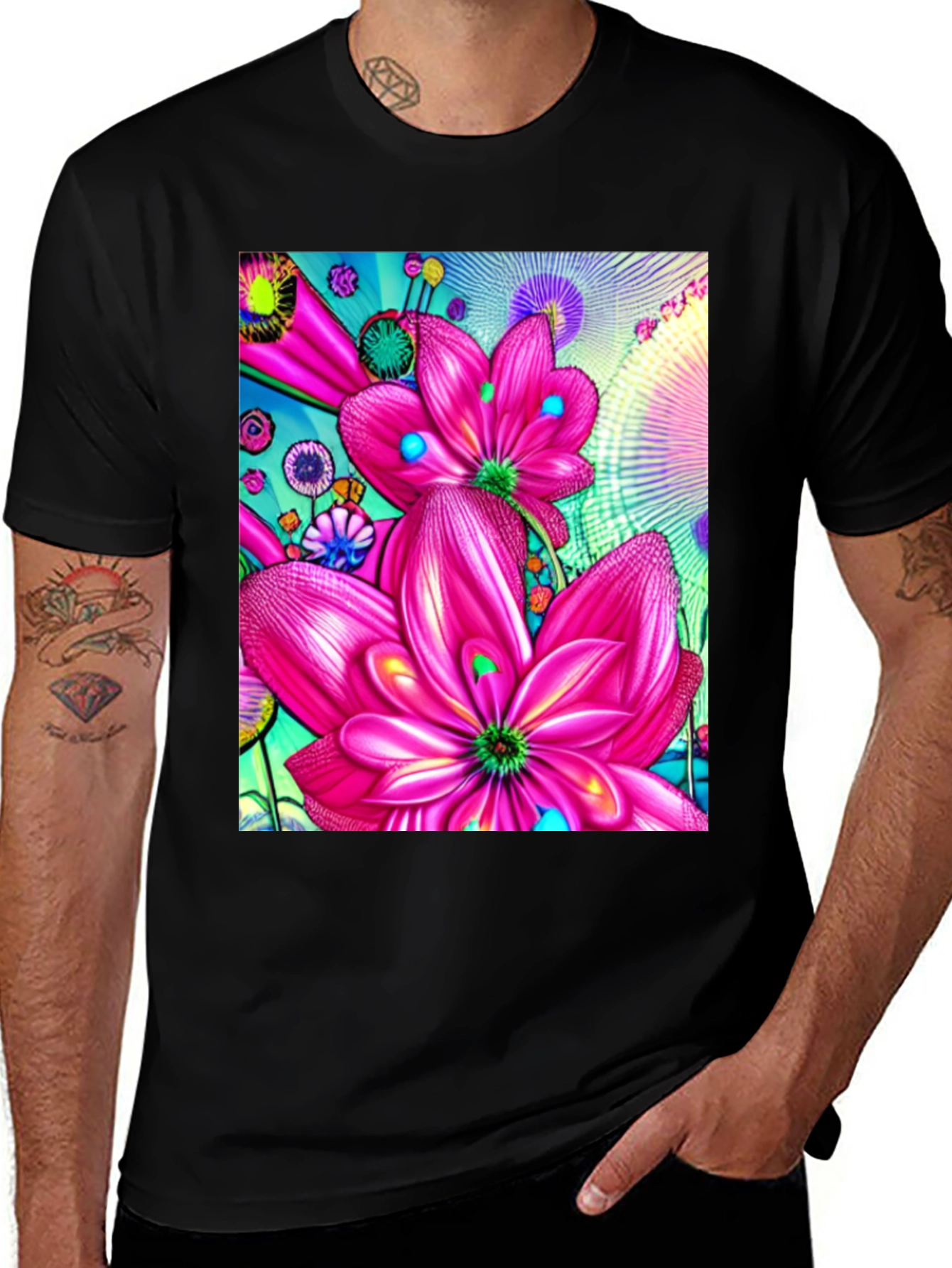 Floral Print Black Cotton T-Shirt