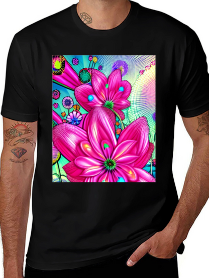 Floral Print Black Cotton T-Shirt