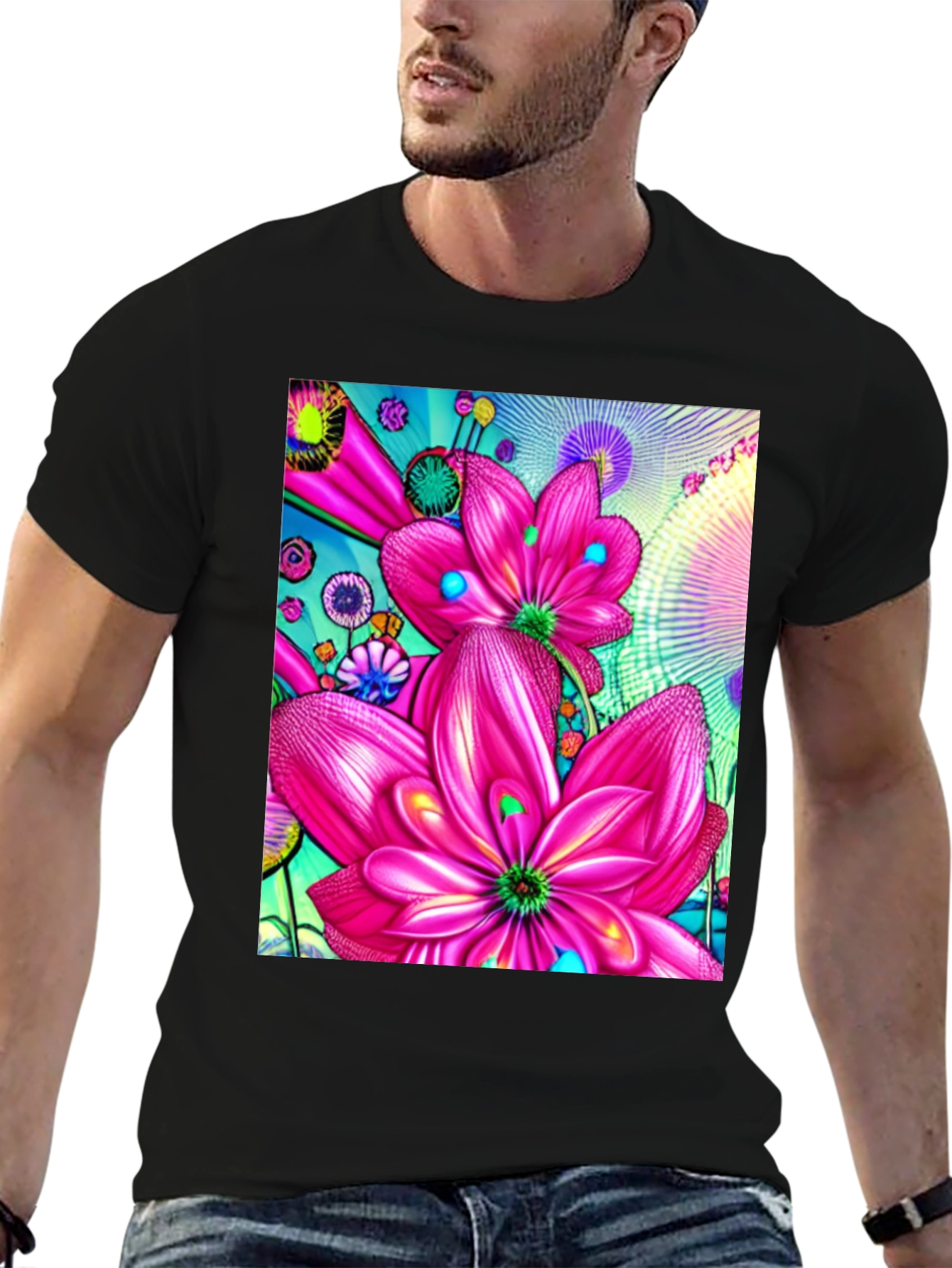 Floral Print Black Cotton T-Shirt