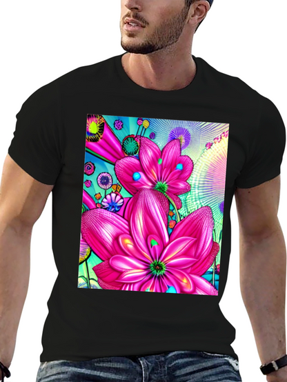 Floral Print Black Cotton T-Shirt