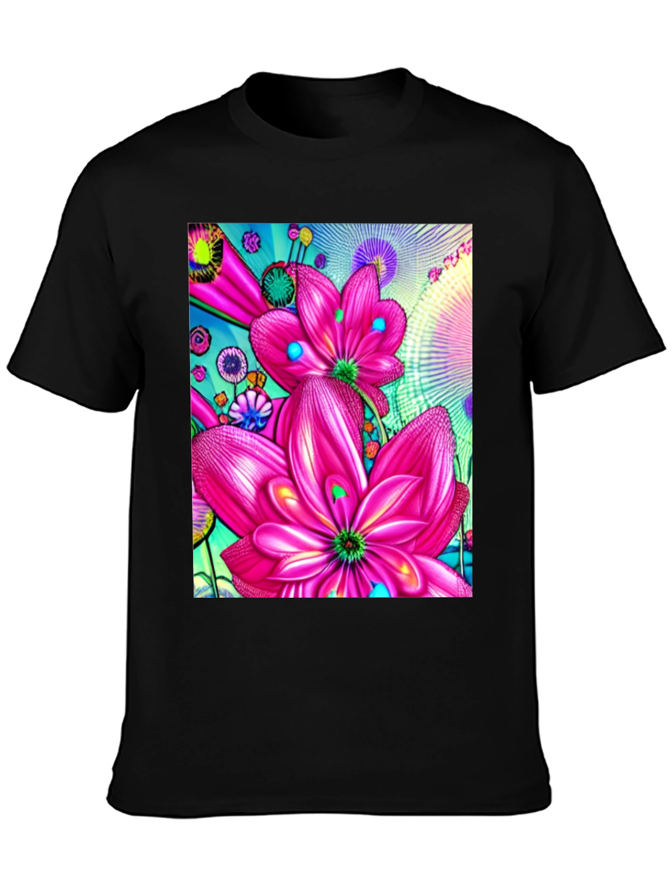 Floral Print Black Cotton T-Shirt