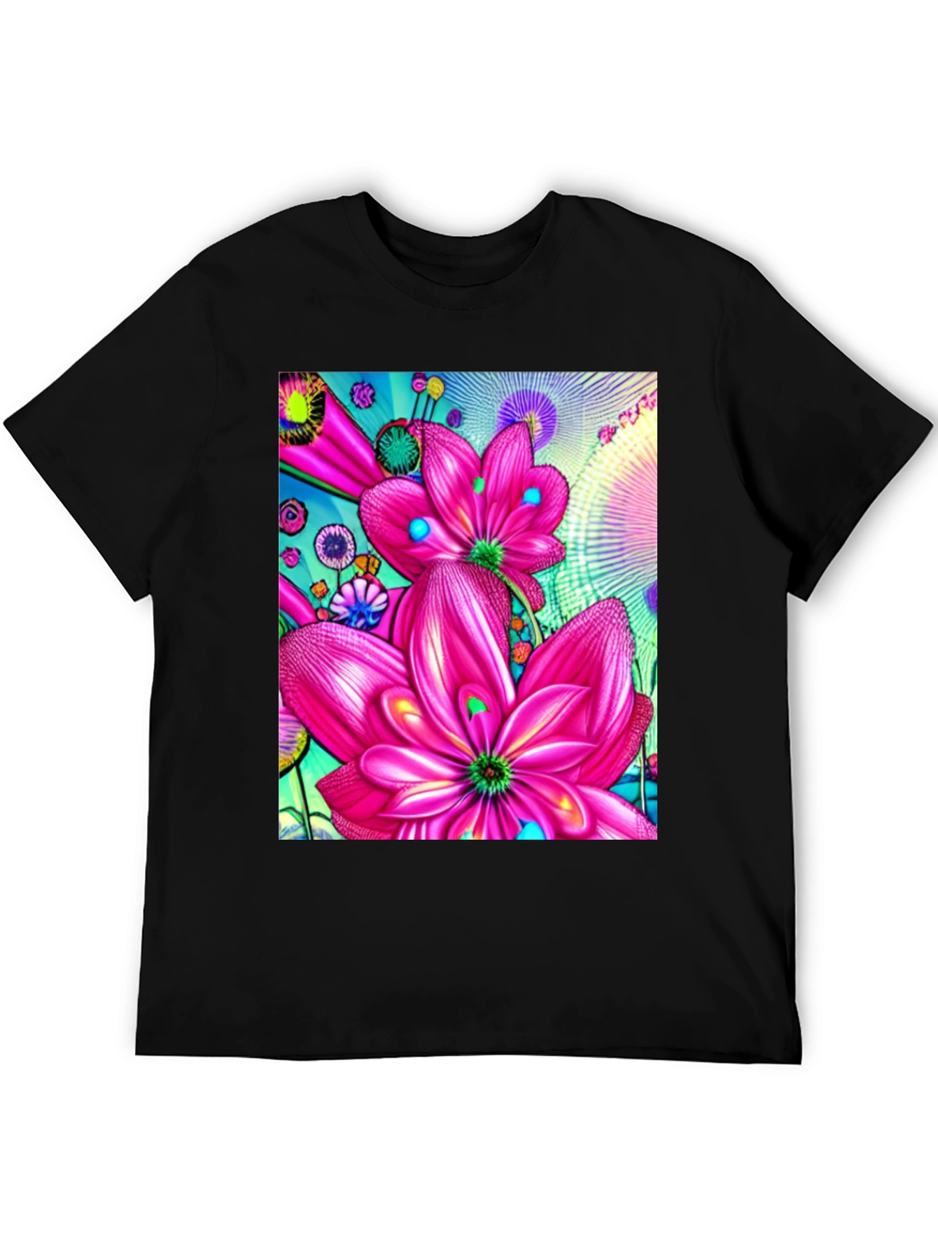 Floral Print Black Cotton T-Shirt