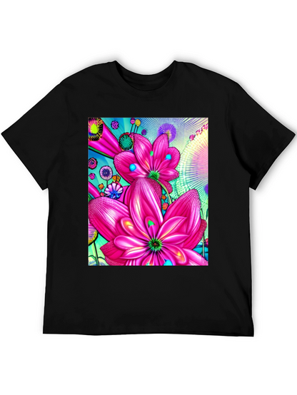 Floral Print Black Cotton T-Shirt