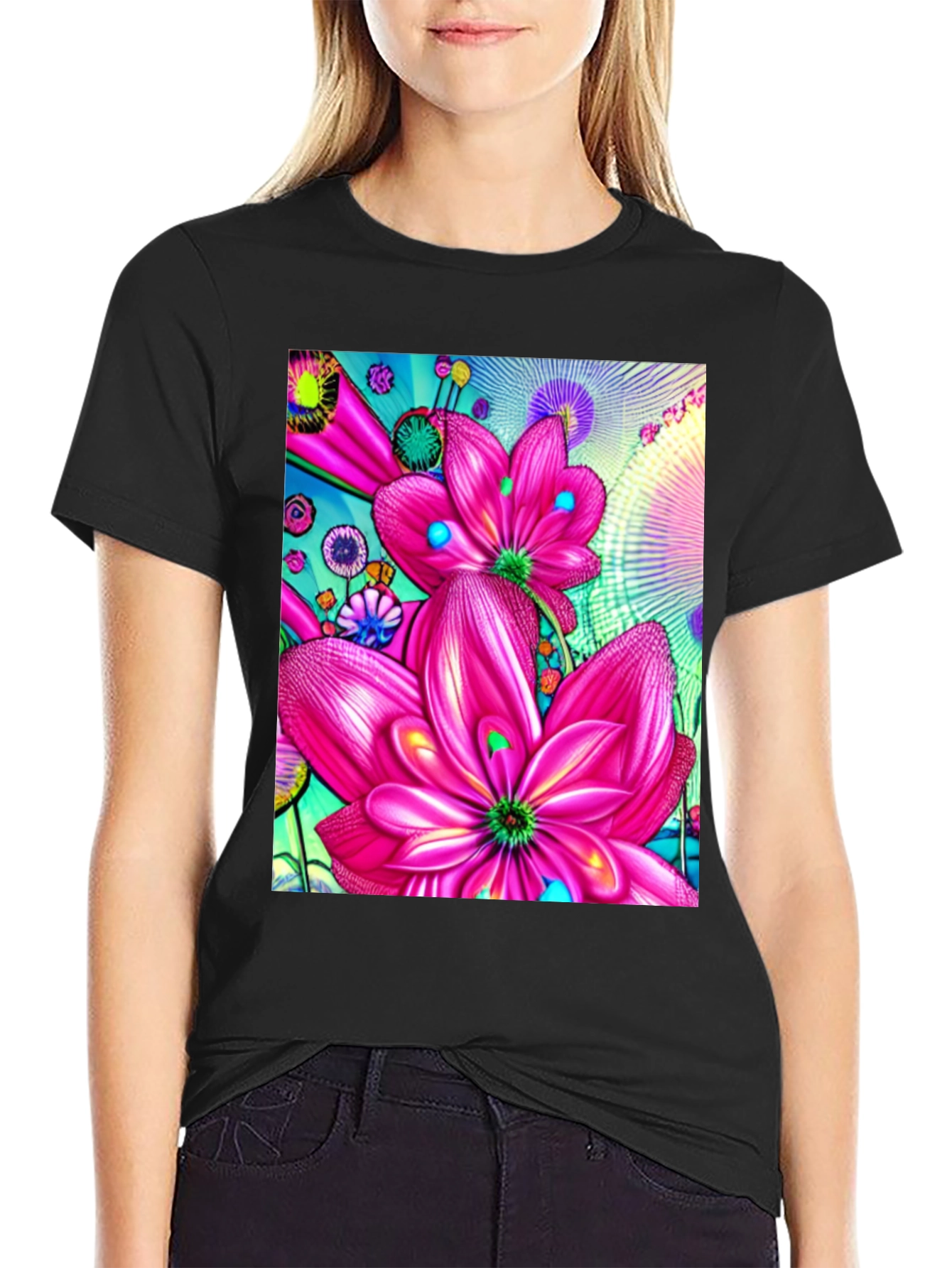 Floral Print Black Cotton T-Shirt