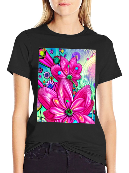 Floral Print Black Cotton T-Shirt