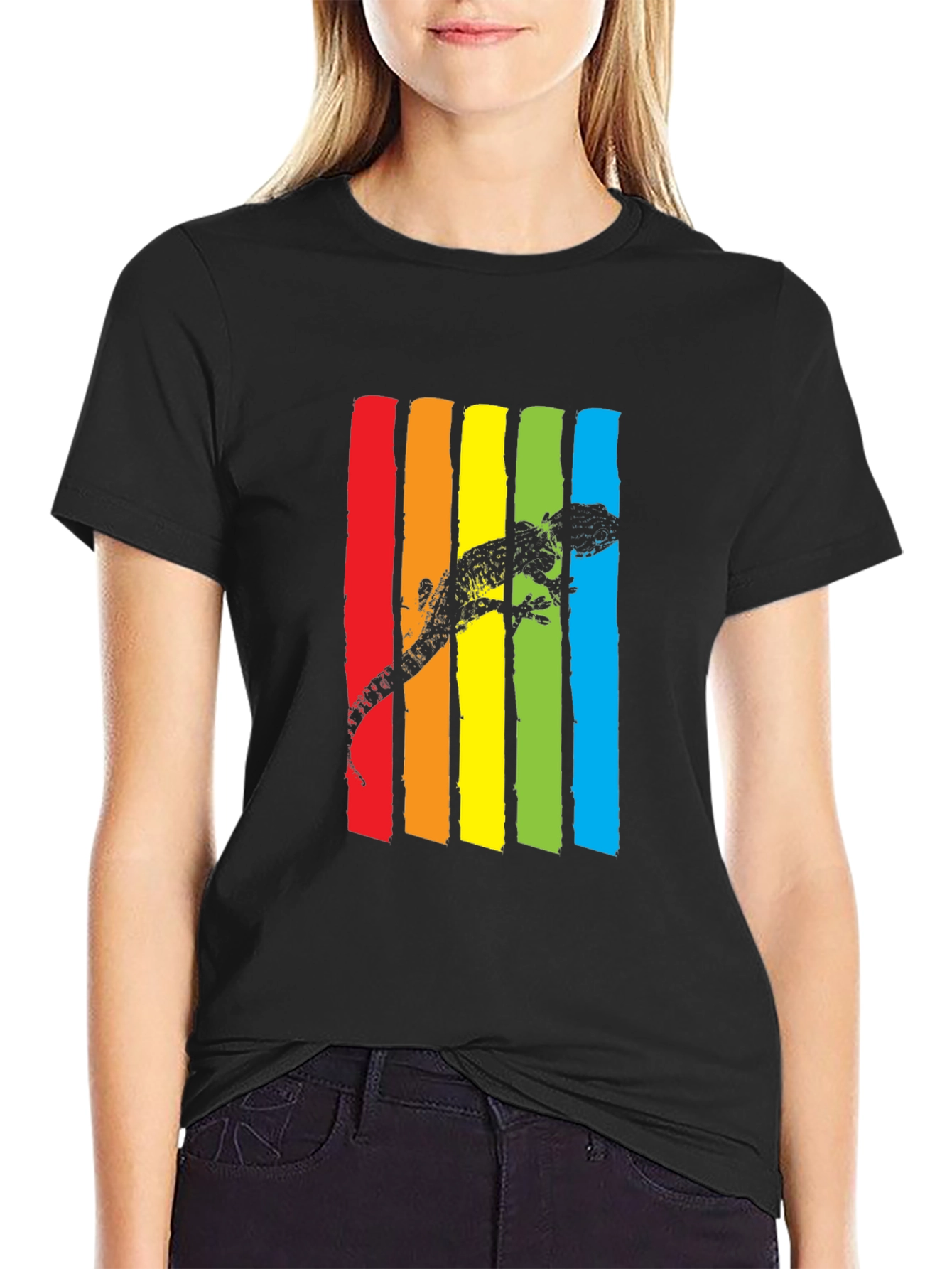 Lizard Rainbow Stripe Graphic Tee - Mens Black T-Shirt