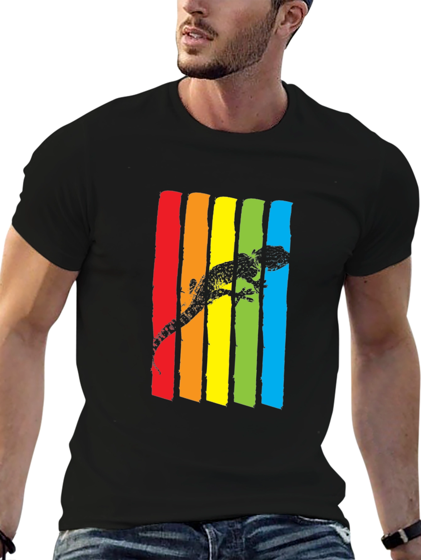 Lizard Rainbow Stripe Graphic Tee - Mens Black T-Shirt