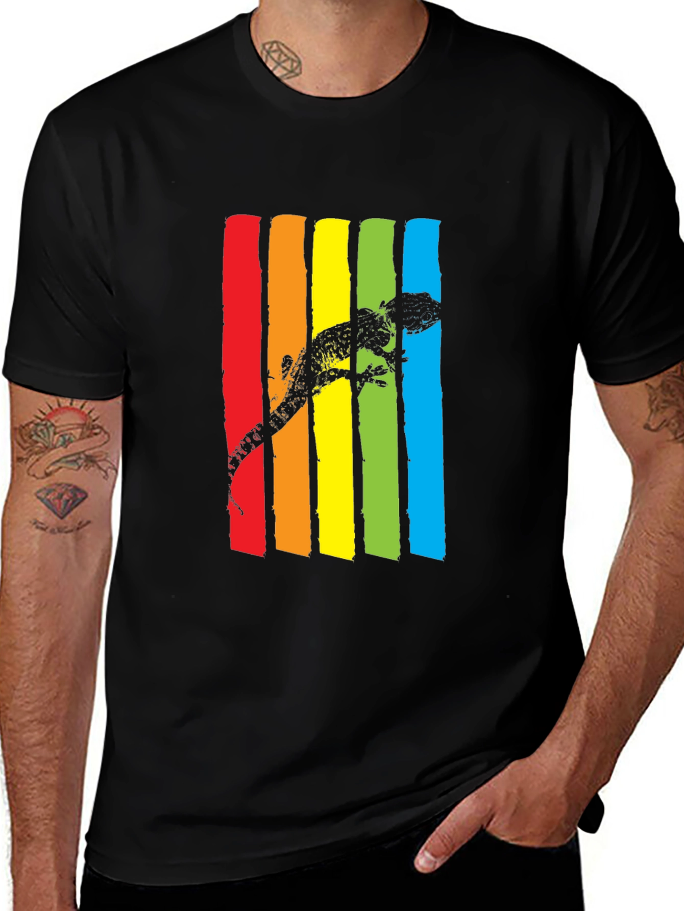 Lizard Rainbow Stripe Graphic Tee - Mens Black T-Shirt