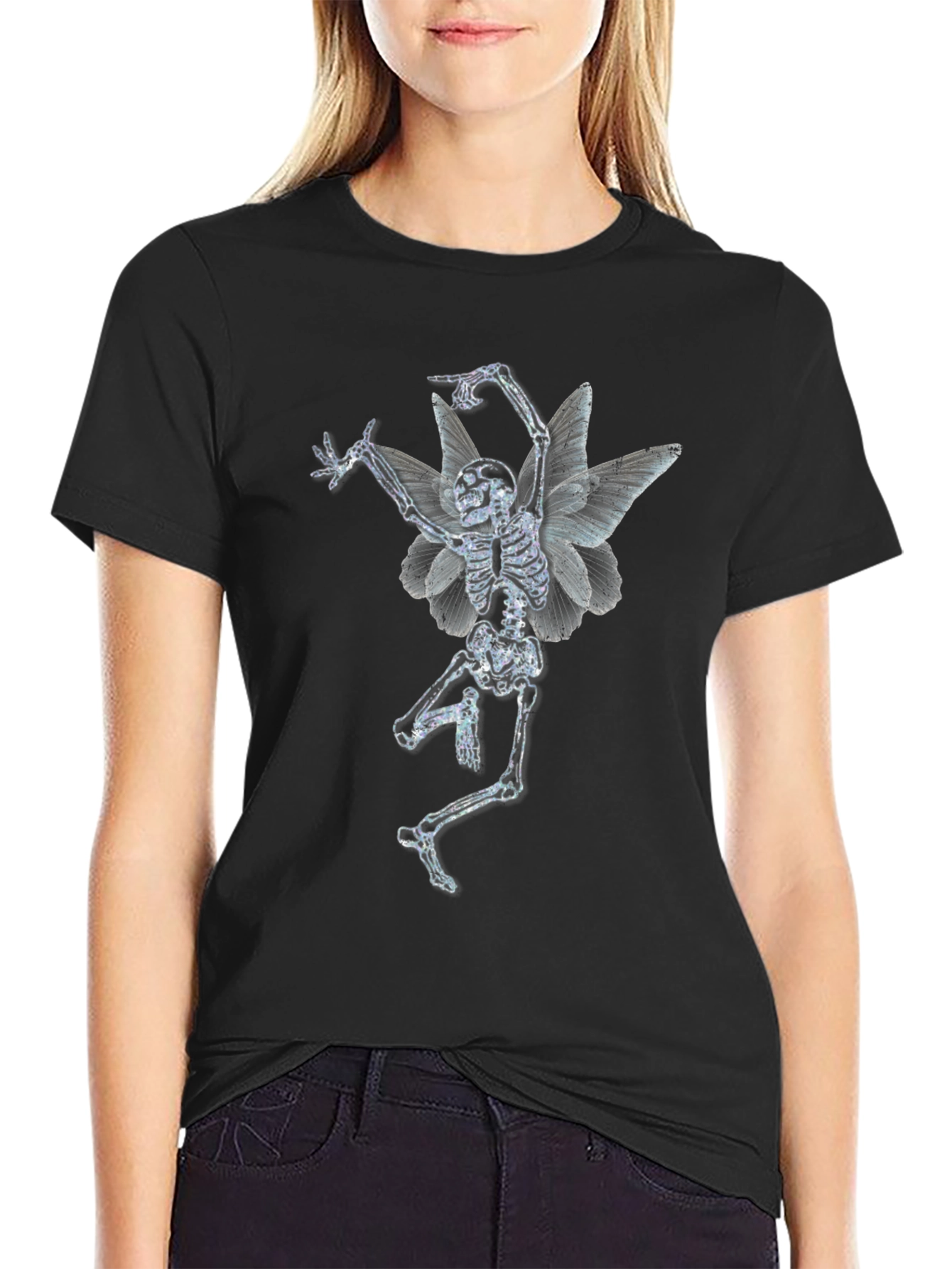 Skeleton Fairy Graphic Print Black T-Shirt