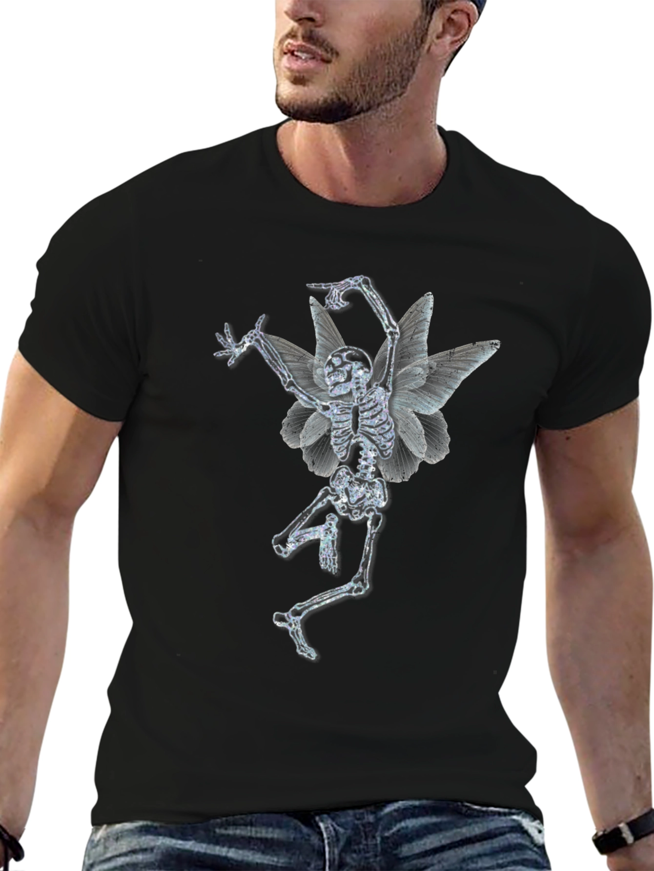 Skeleton Fairy Graphic Print Black T-Shirt