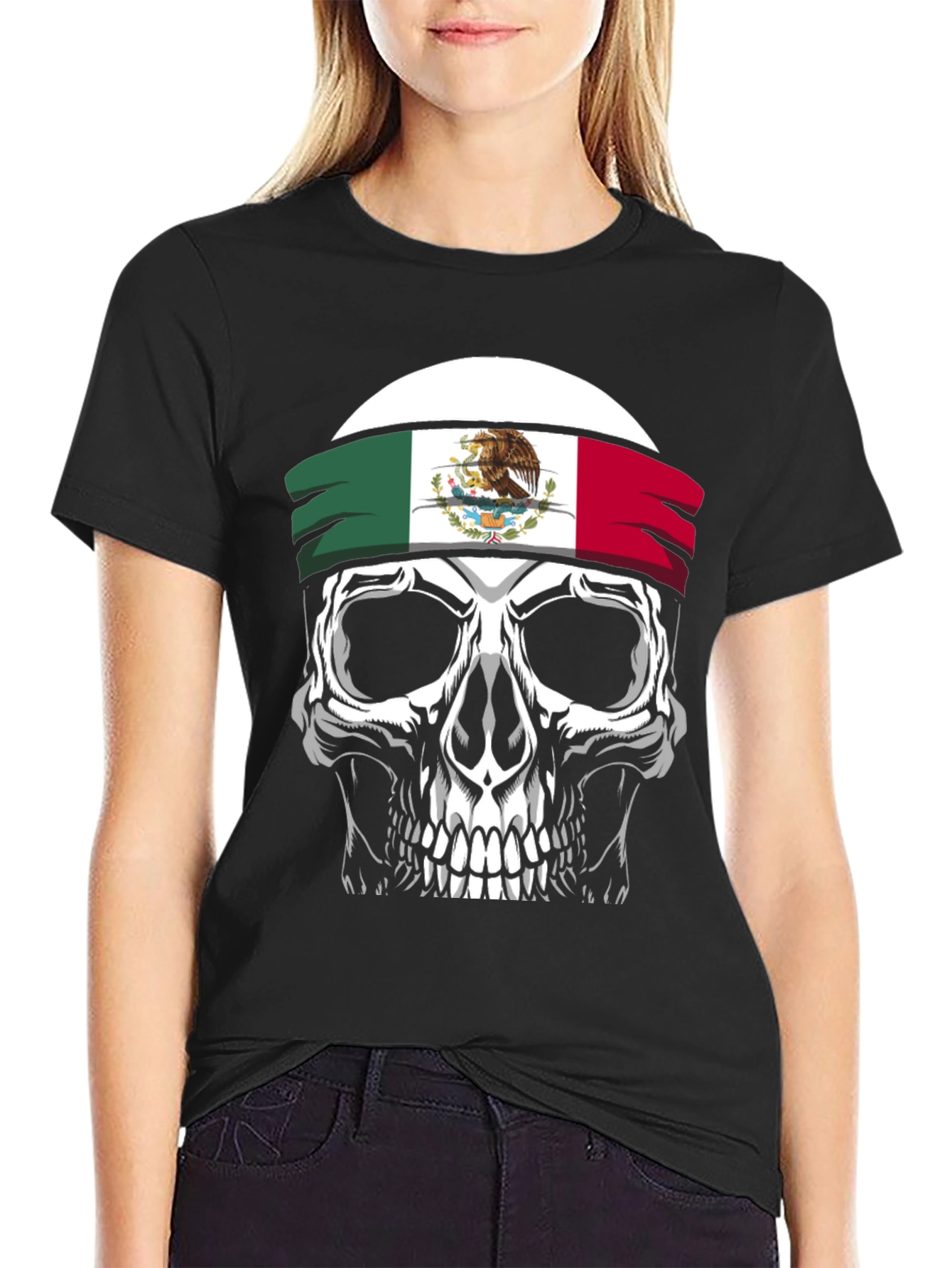 Mexican Flag Skull Graphic T-Shirt - Black