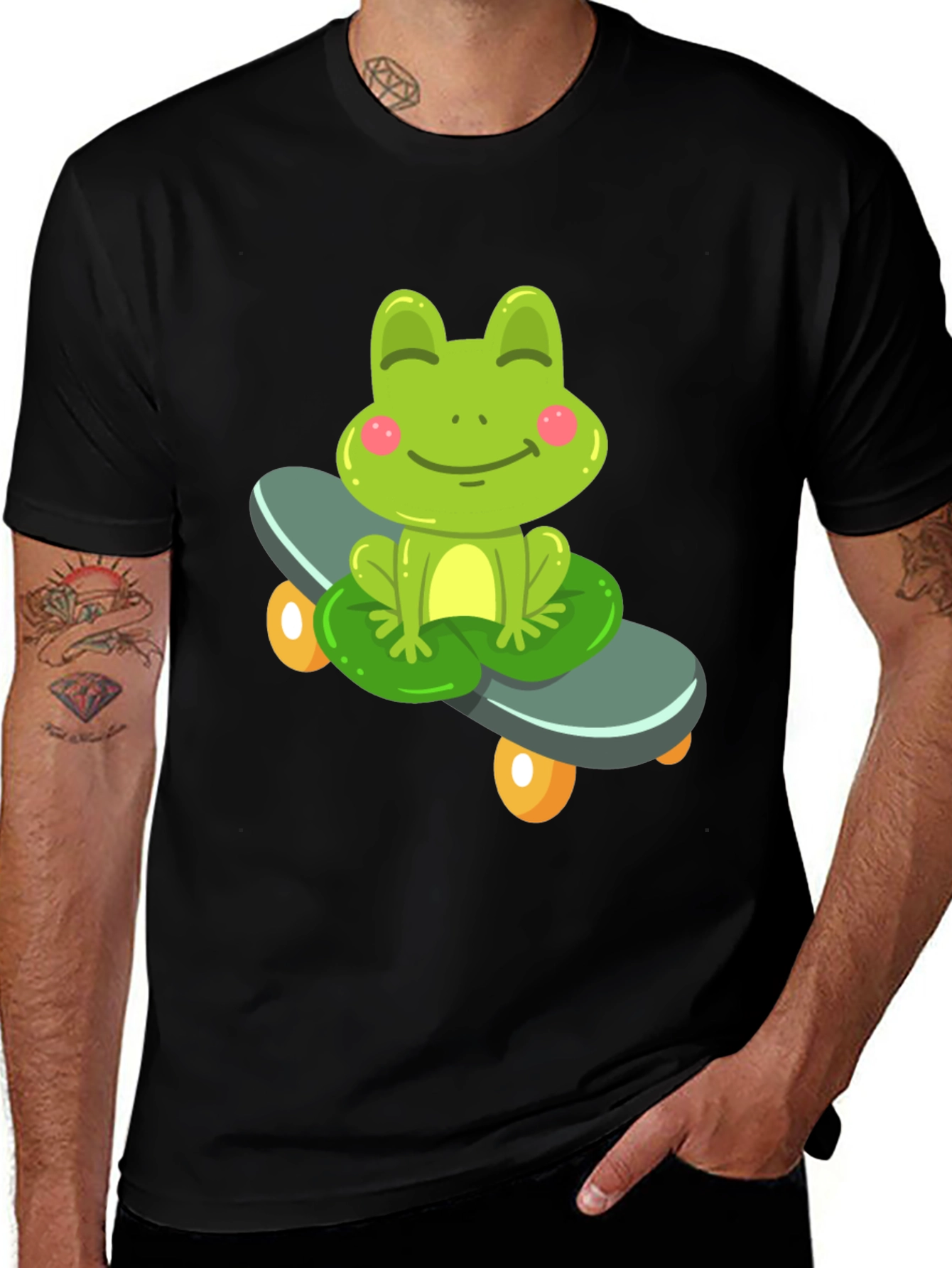 Cute Frog on Skateboard Black T-Shirt