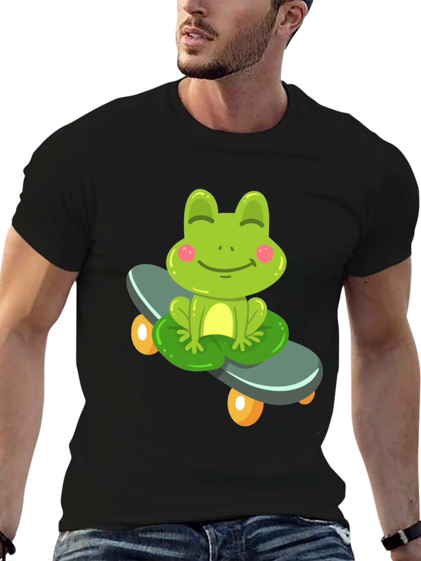 Cute Frog on Skateboard Black T-Shirt