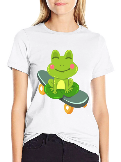 Cute Frog on Skateboard Black T-Shirt