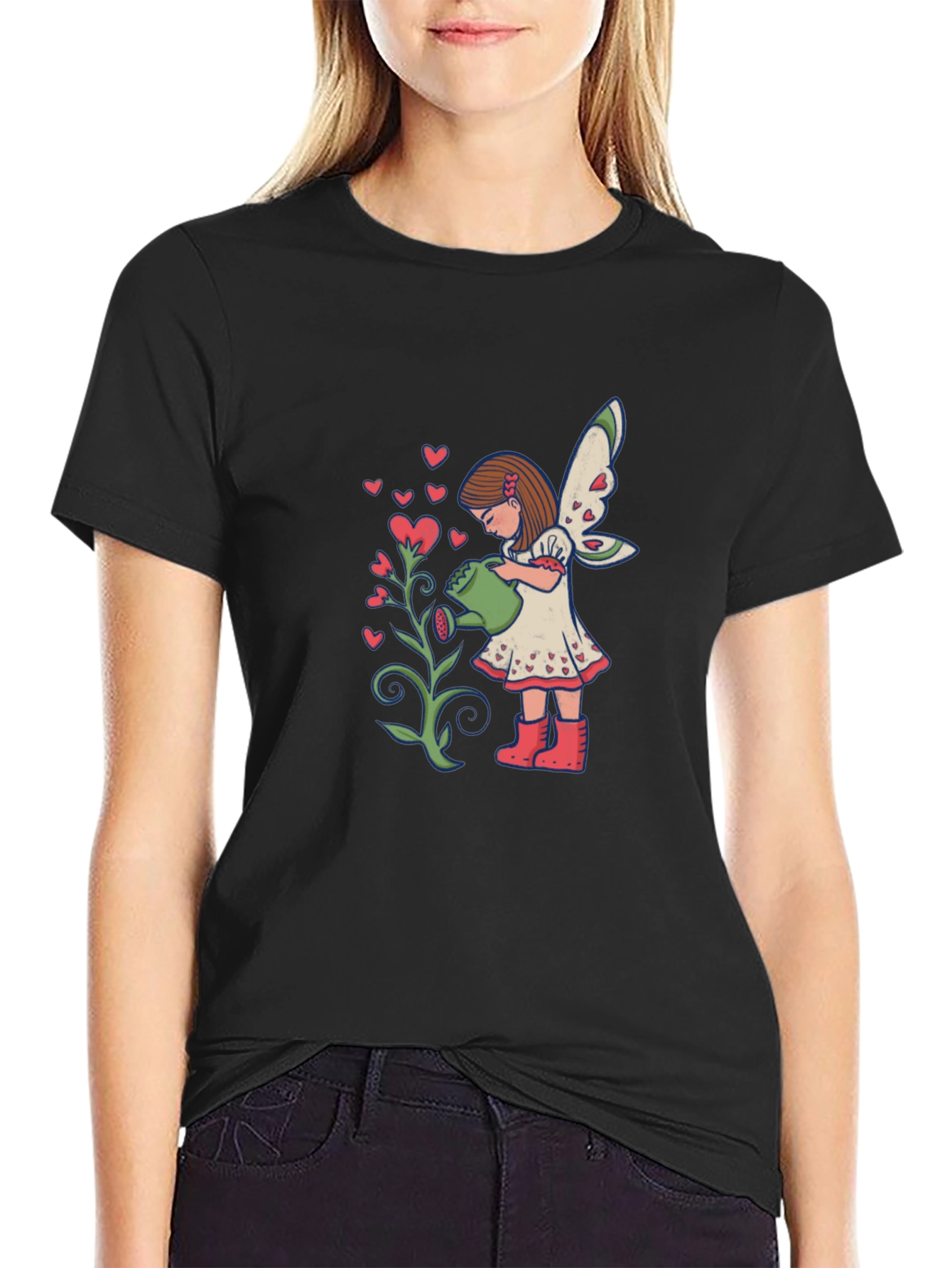 Fairy Watering Hearts T-Shirt - Black