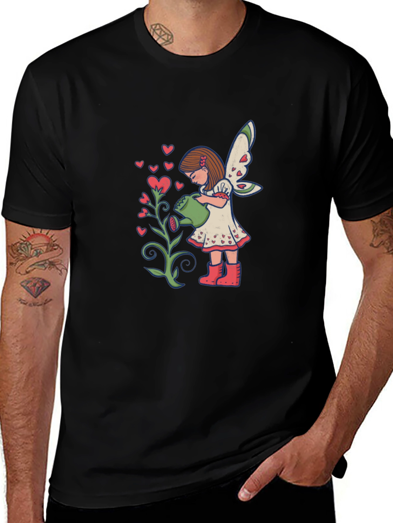 Fairy Watering Hearts T-Shirt - Black