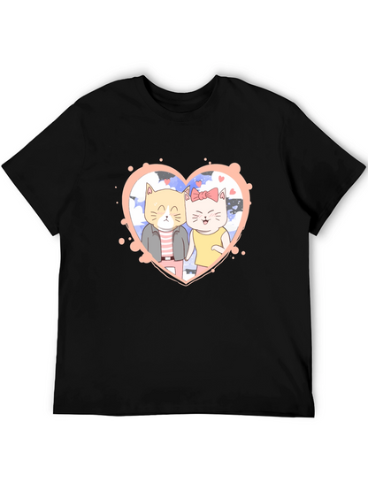 Cute Cartoon Cat Couple Black T-Shirt