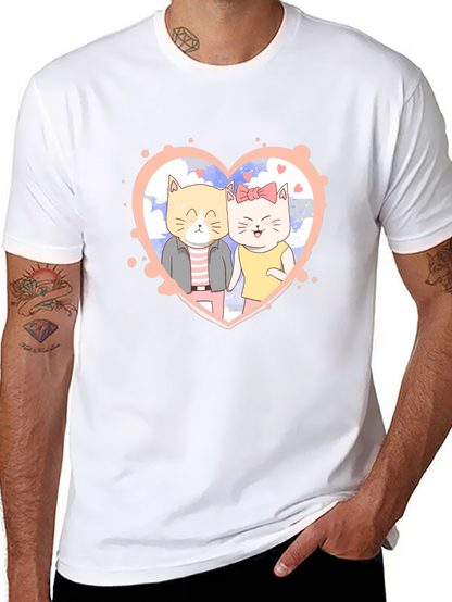 Cute Cartoon Cat Couple Black T-Shirt