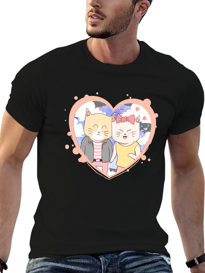 Cute Cartoon Cat Couple Black T-Shirt