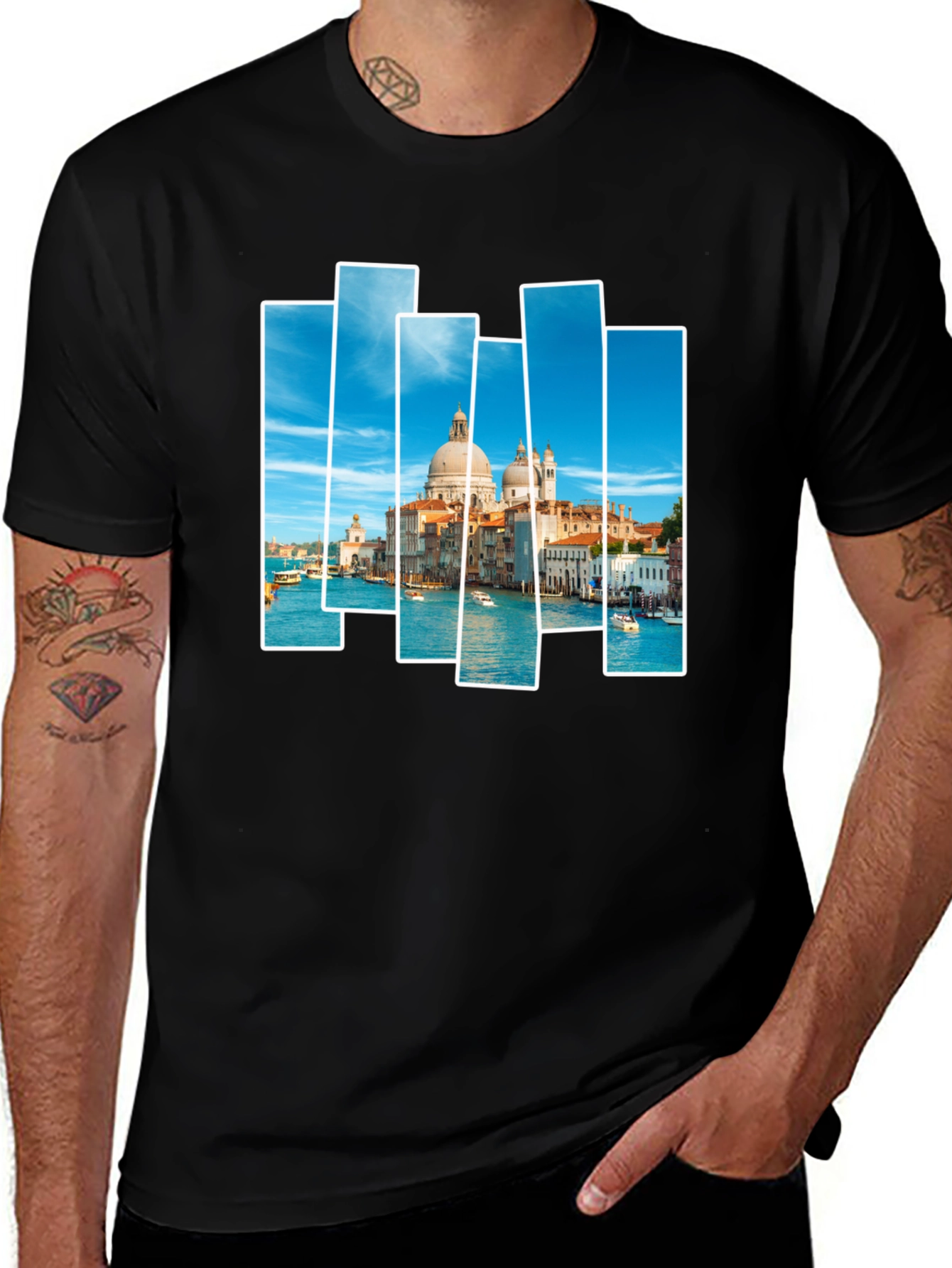 Venice Scene Print Mens Black T-Shirt