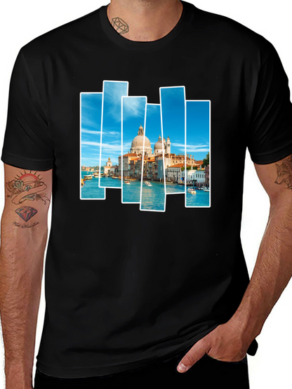 Venice Scene Print Mens Black T-Shirt