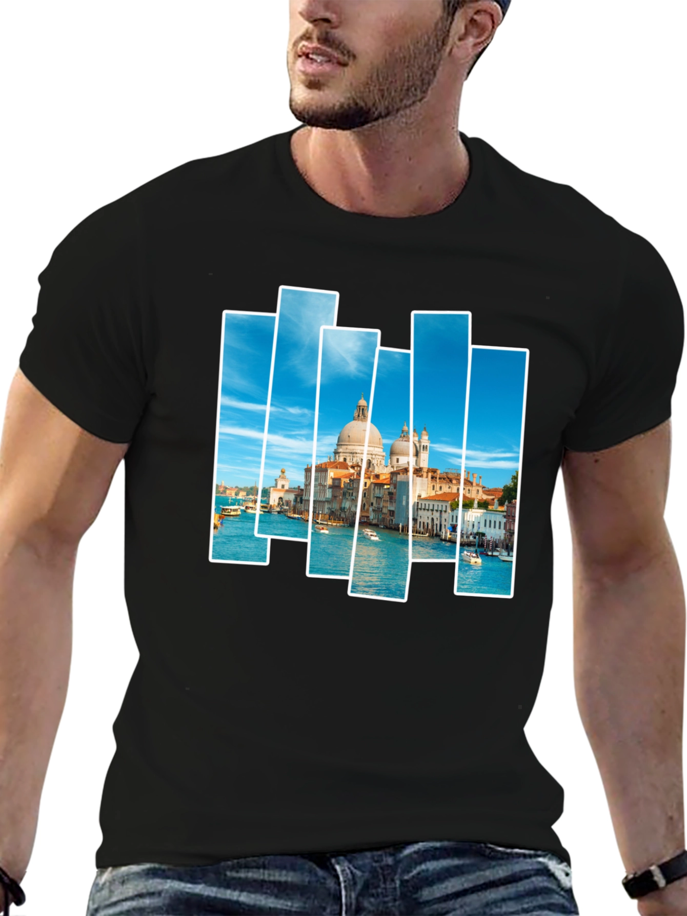 Venice Scene Print Mens Black T-Shirt