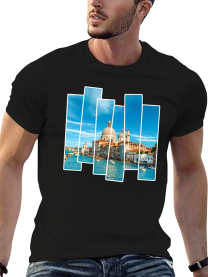 Venice Scene Print Mens Black T-Shirt