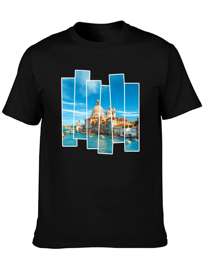 Venice Scene Print Mens Black T-Shirt