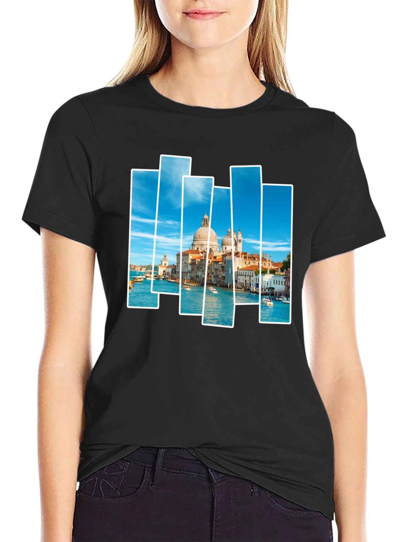 Venice Scene Print Mens Black T-Shirt