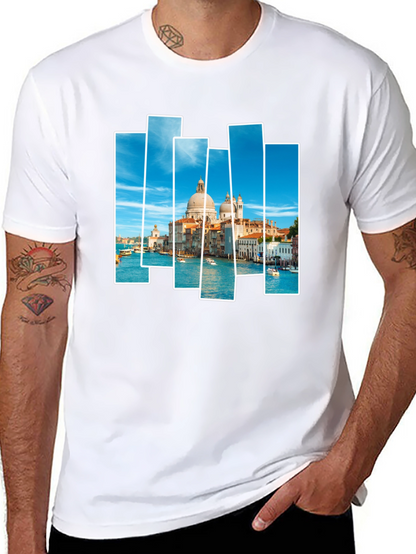 Venice Scene Print Mens Black T-Shirt