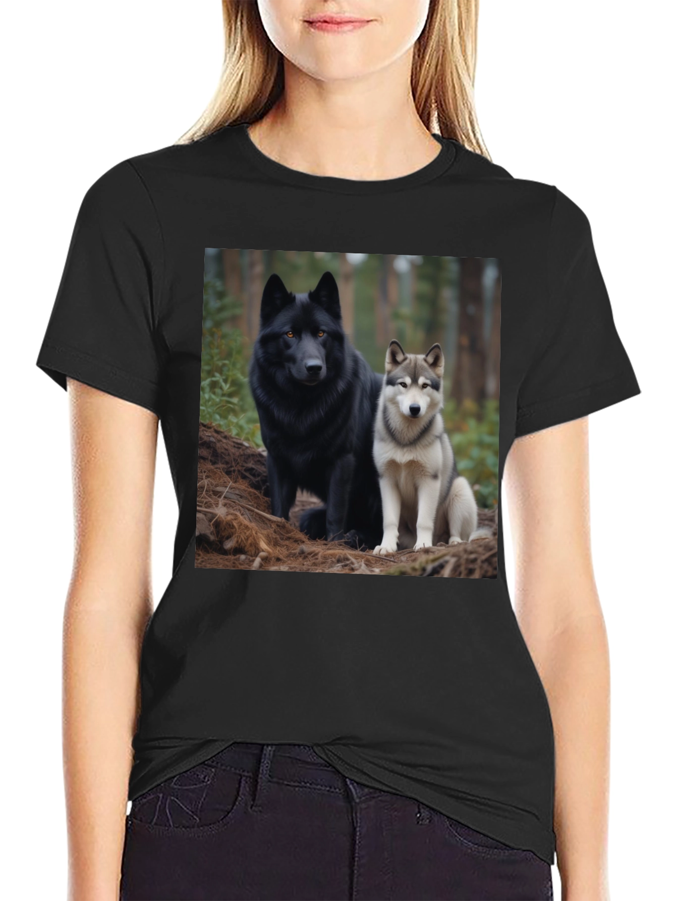 Wolf Pack Tee: Black T-Shirt with Canine Graphic