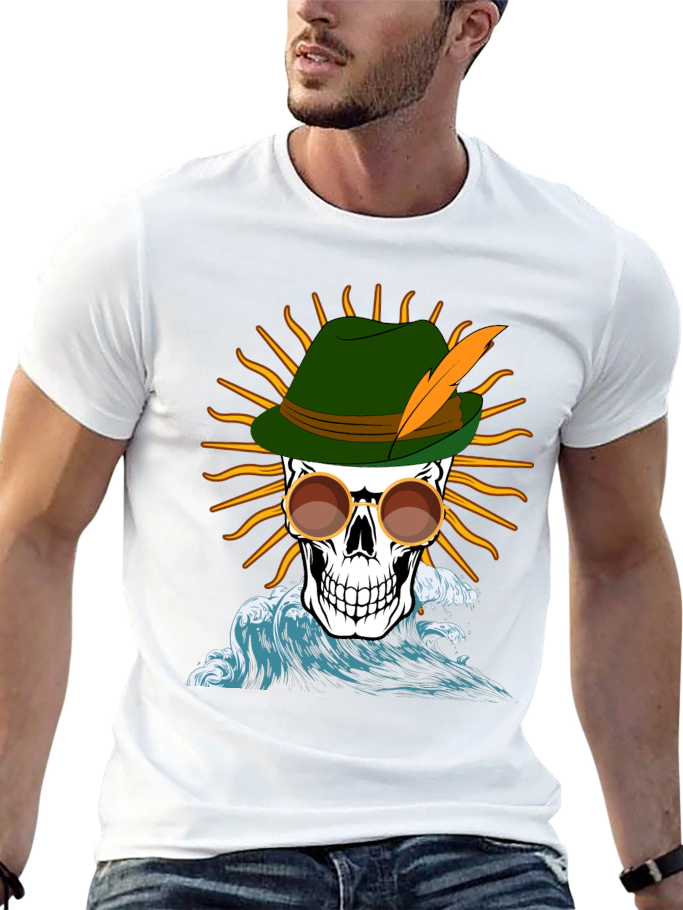 Skull T-Shirt: Bavarian Hat Sun & Waves Graphic Tee