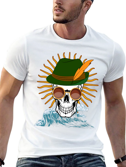 Skull T-Shirt: Bavarian Hat Sun & Waves Graphic Tee