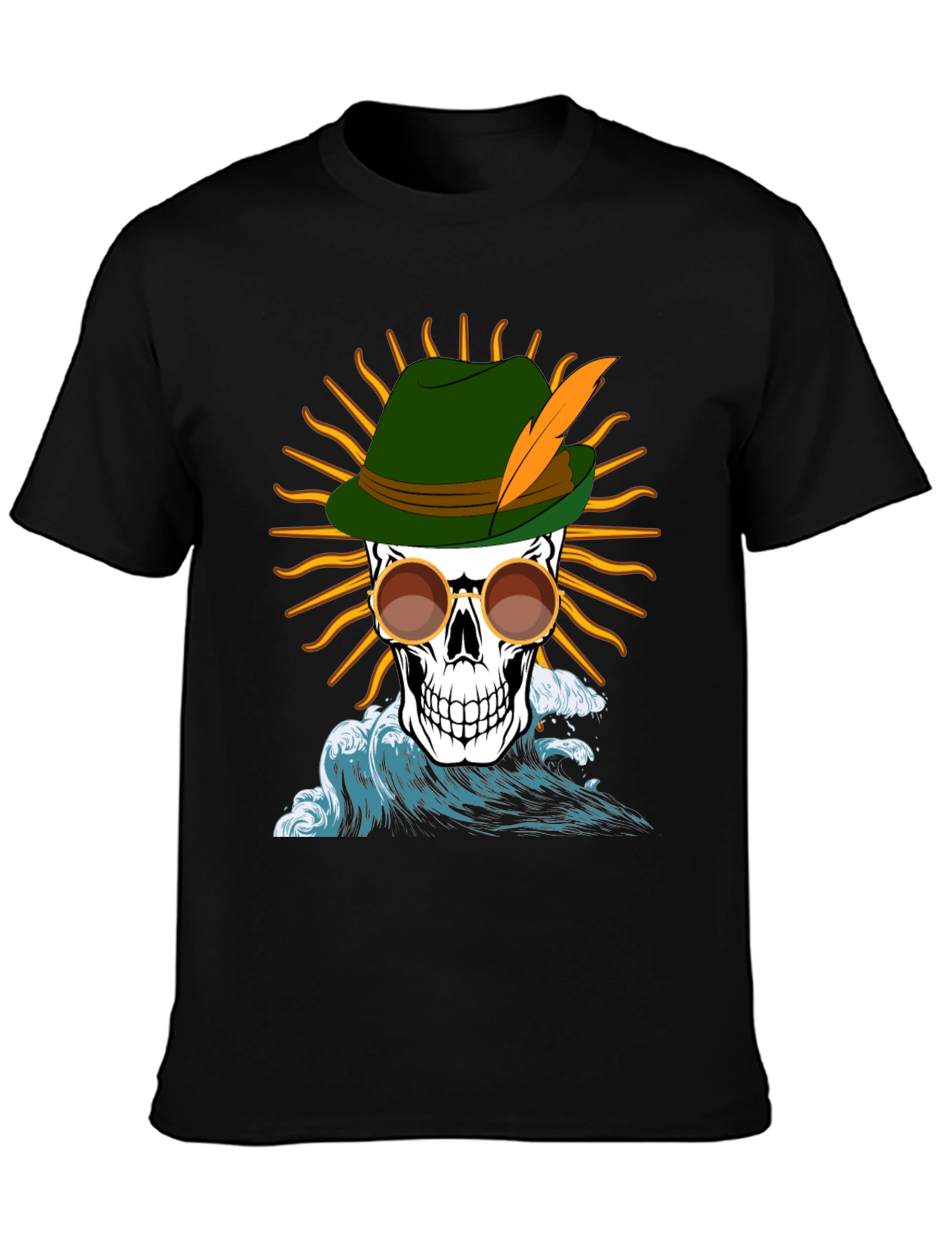 Skull T-Shirt: Bavarian Hat Sun & Waves Graphic Tee