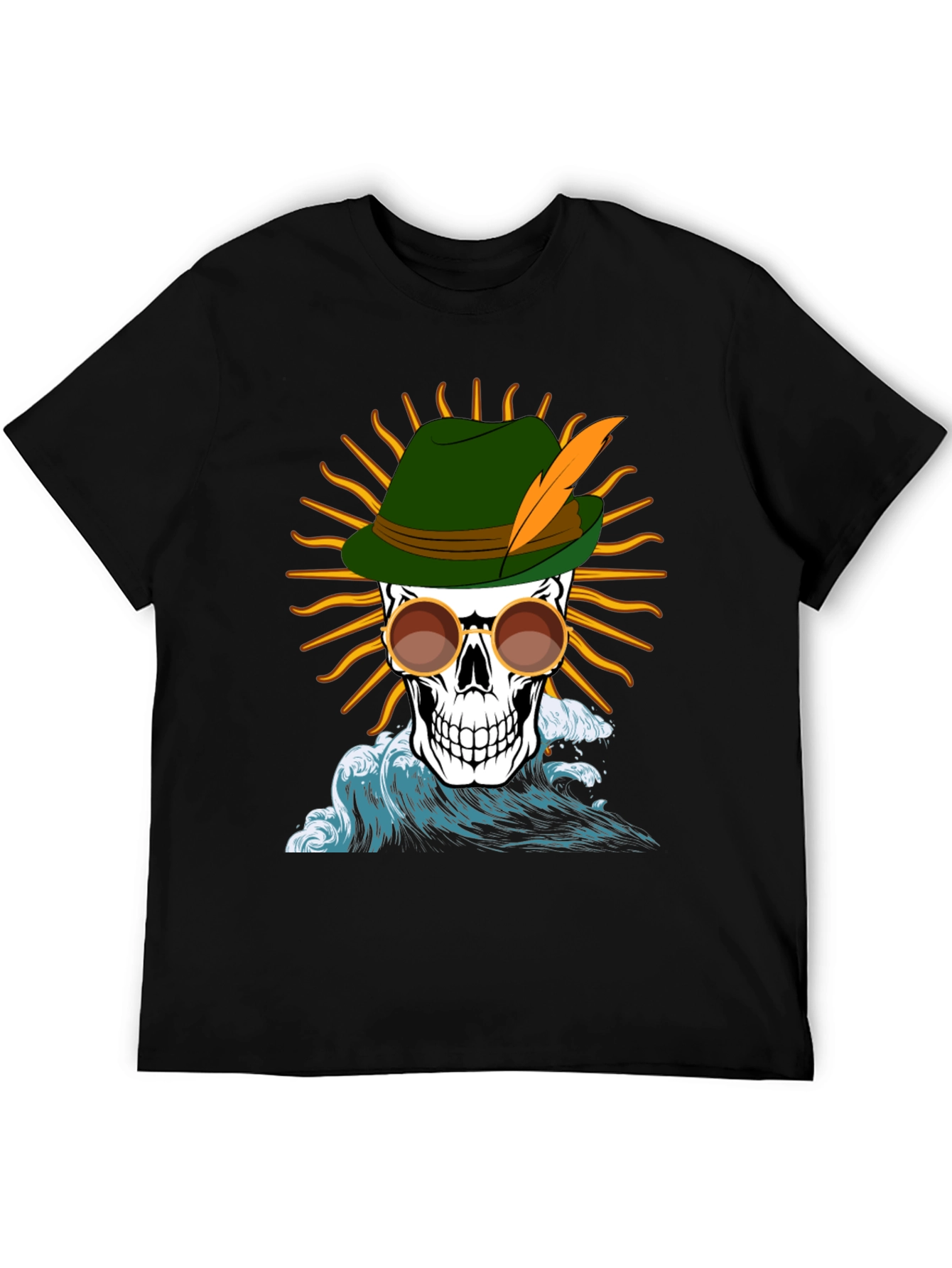 Skull T-Shirt: Bavarian Hat Sun & Waves Graphic Tee