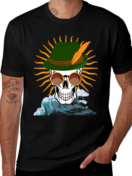 Skull T-Shirt: Bavarian Hat Sun & Waves Graphic Tee
