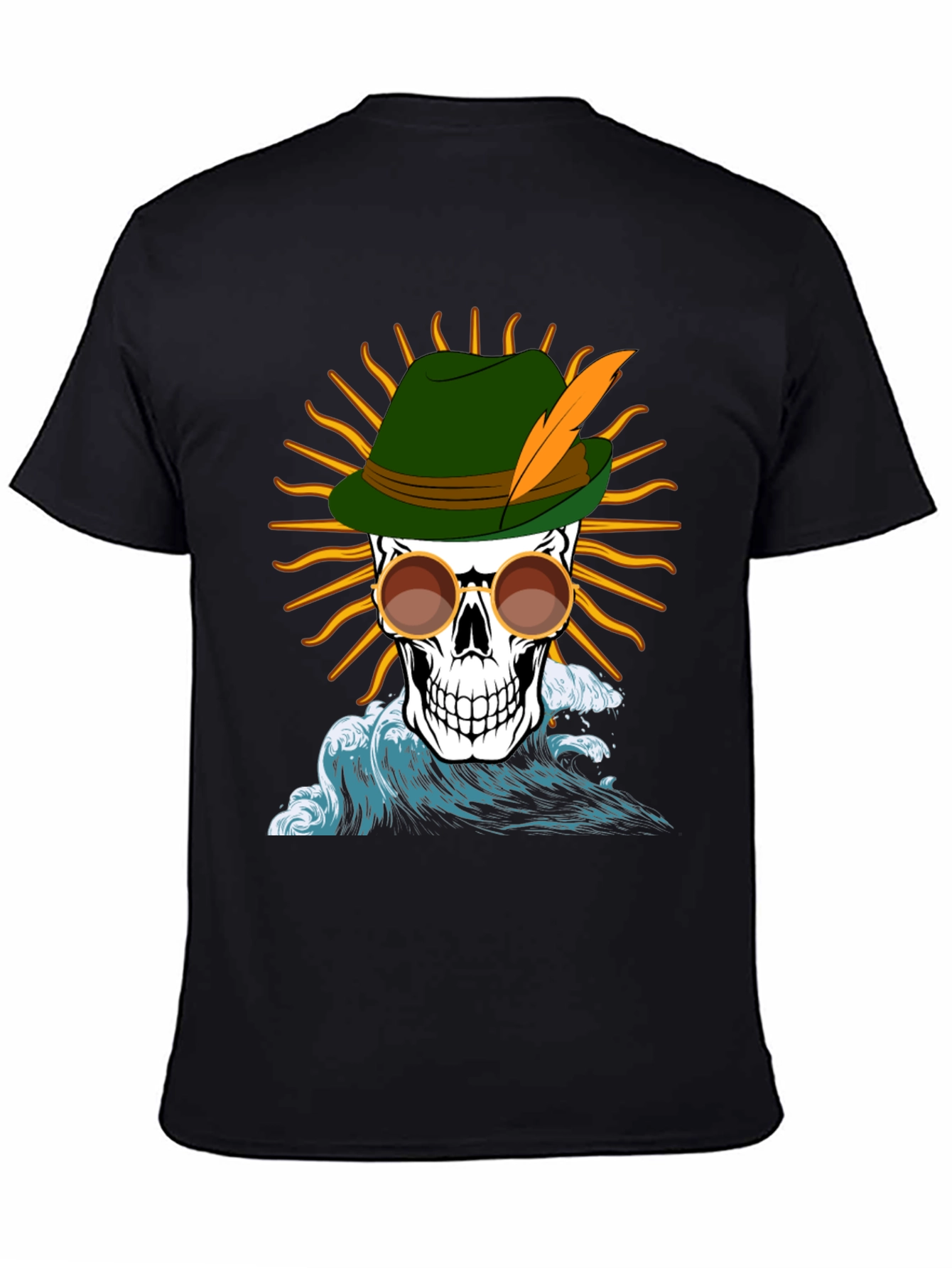 Skull T-Shirt: Bavarian Hat Sun & Waves Graphic Tee
