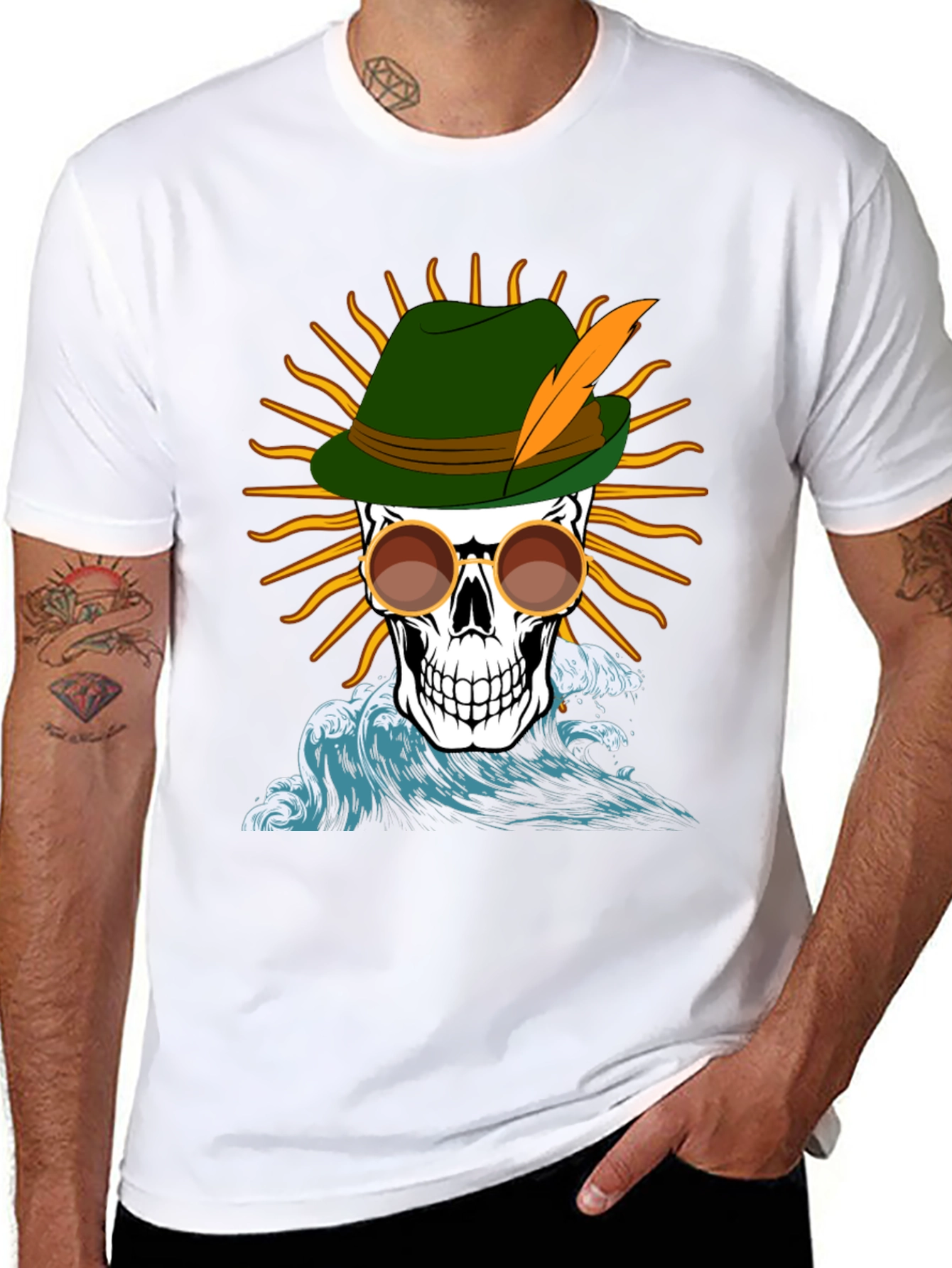 Skull T-Shirt: Bavarian Hat Sun & Waves Graphic Tee