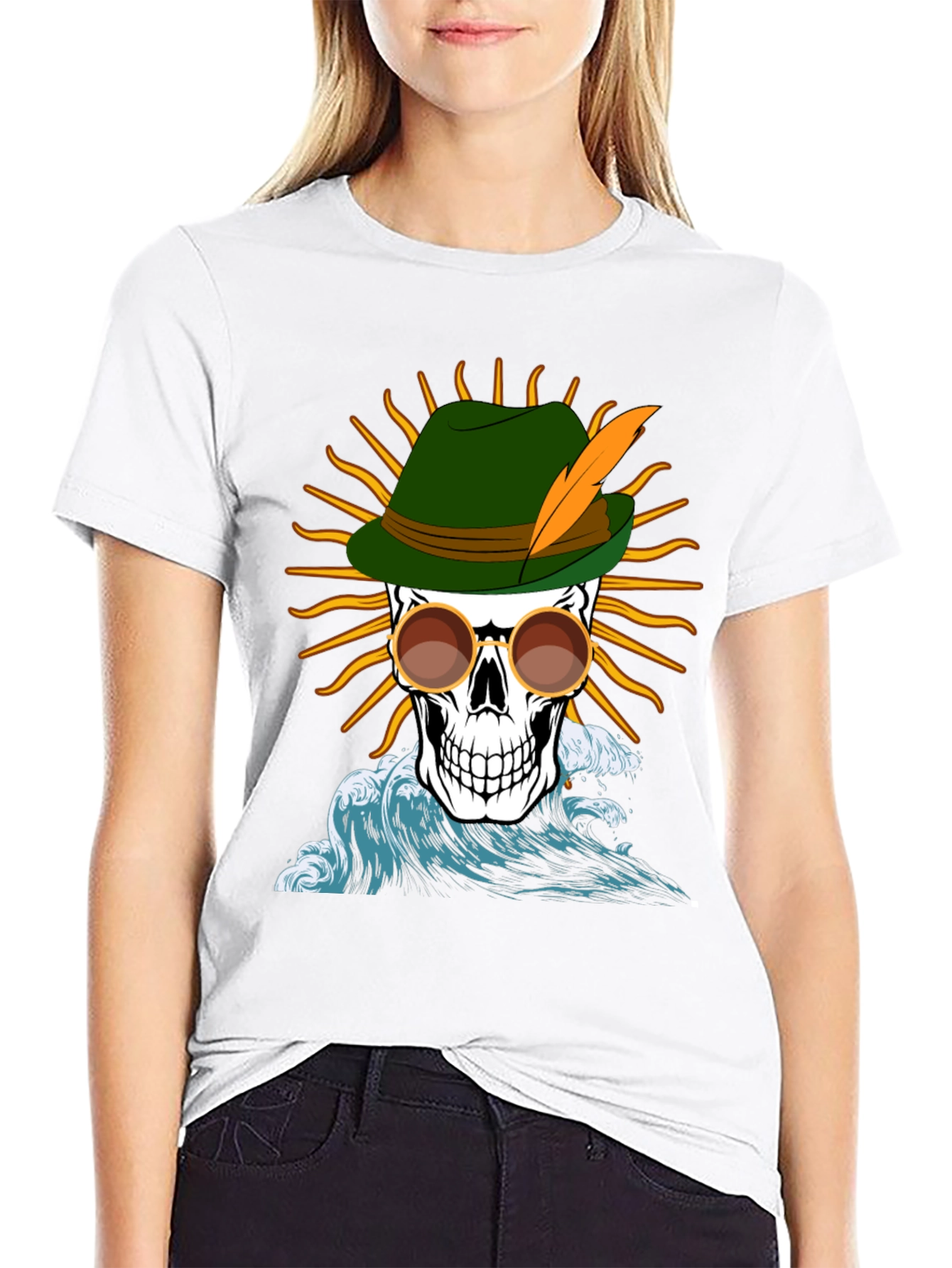 Skull T-Shirt: Bavarian Hat Sun & Waves Graphic Tee